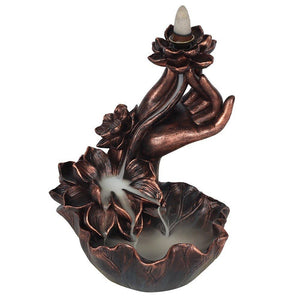 Bronze Backflow Incense Burner - Hand with Flower - Lucid Willow - Incense Burner