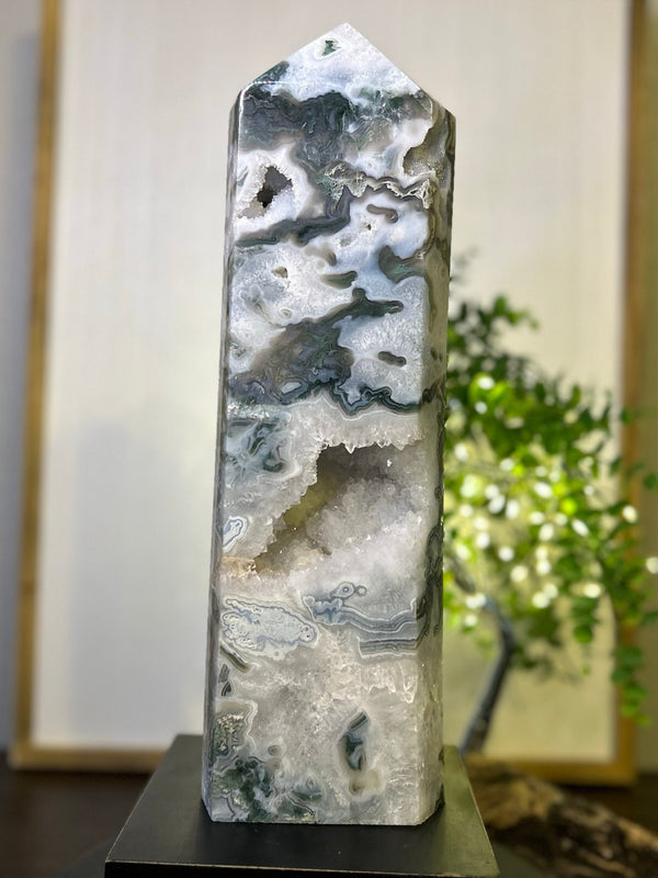 Moss Agate Tower #T004 (Appx 14.5" tall x 4.5" wide) - Lucid Willow - Crystal