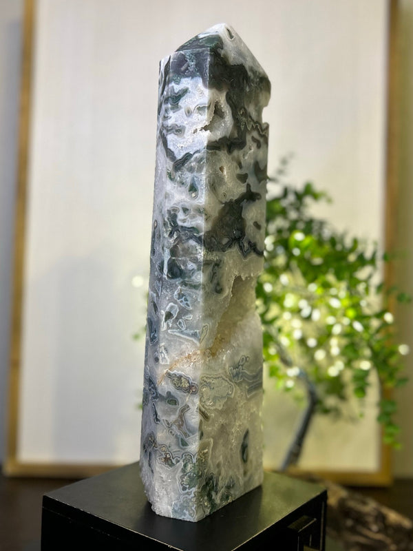 Moss Agate Tower #T004 (Appx 14.5" tall x 4.5" wide) - Lucid Willow - Crystal
